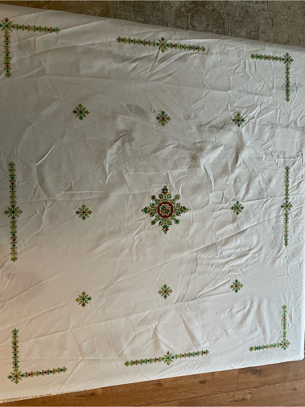 Embroidered White Tablecloth with Green Accents